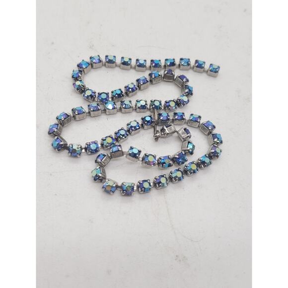 Vintage AB Aurora Borealis Blue Rhinestone Necklace Prong Set Hook Clasp Choker - Picture 6 of 7